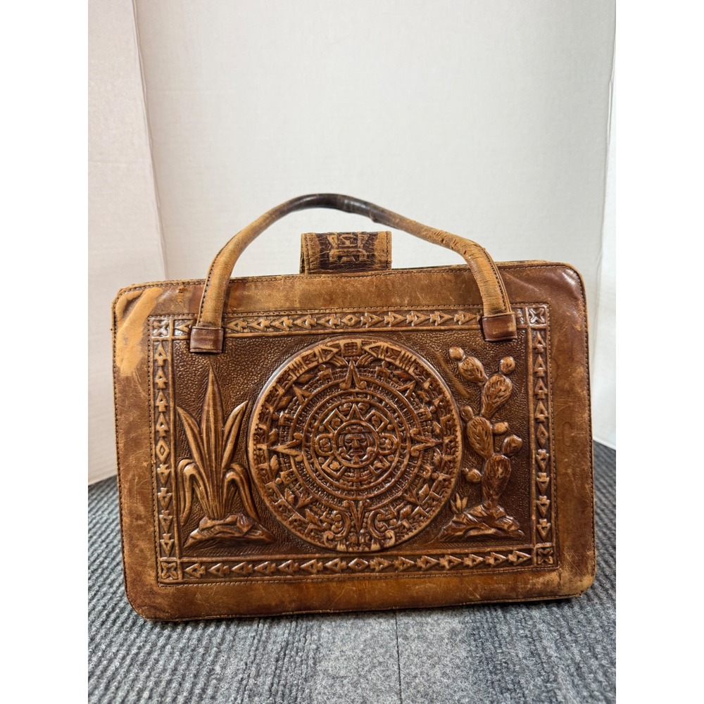 Vintage Mexican Tooled Leather Aztec Calendar Satchel Bag Cowhide Hecho Mexico - Picture 3 of 10